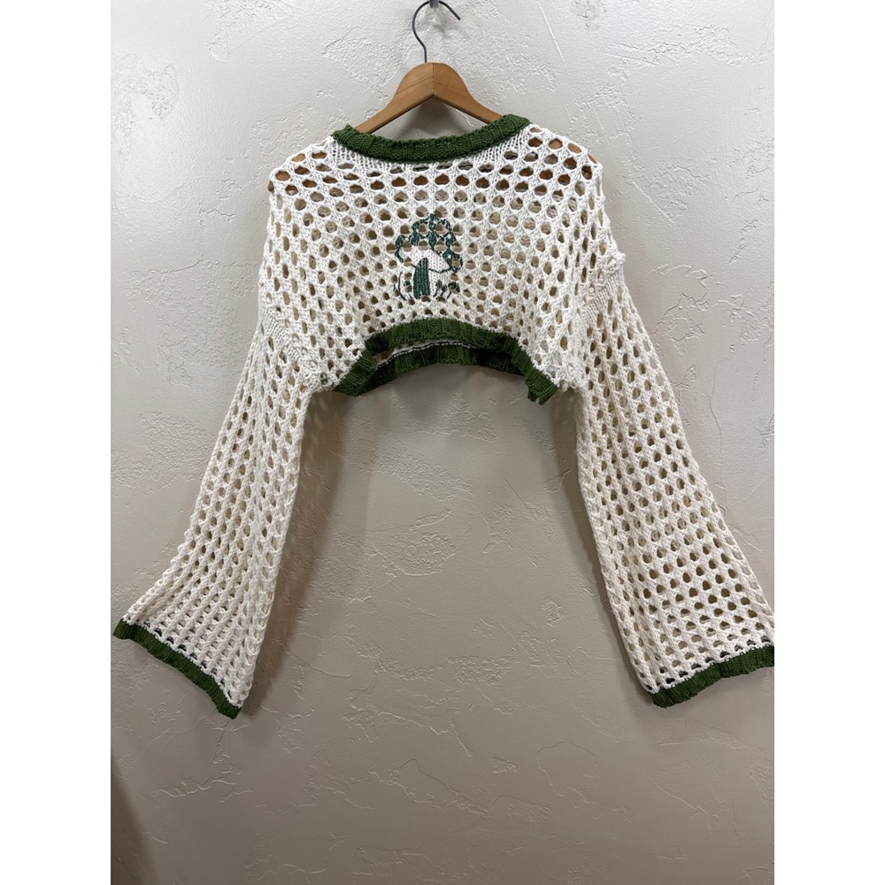 Mushroom Knit Ultra Crop Sweater Open Mesh Fishnet Boho Festival Green White L